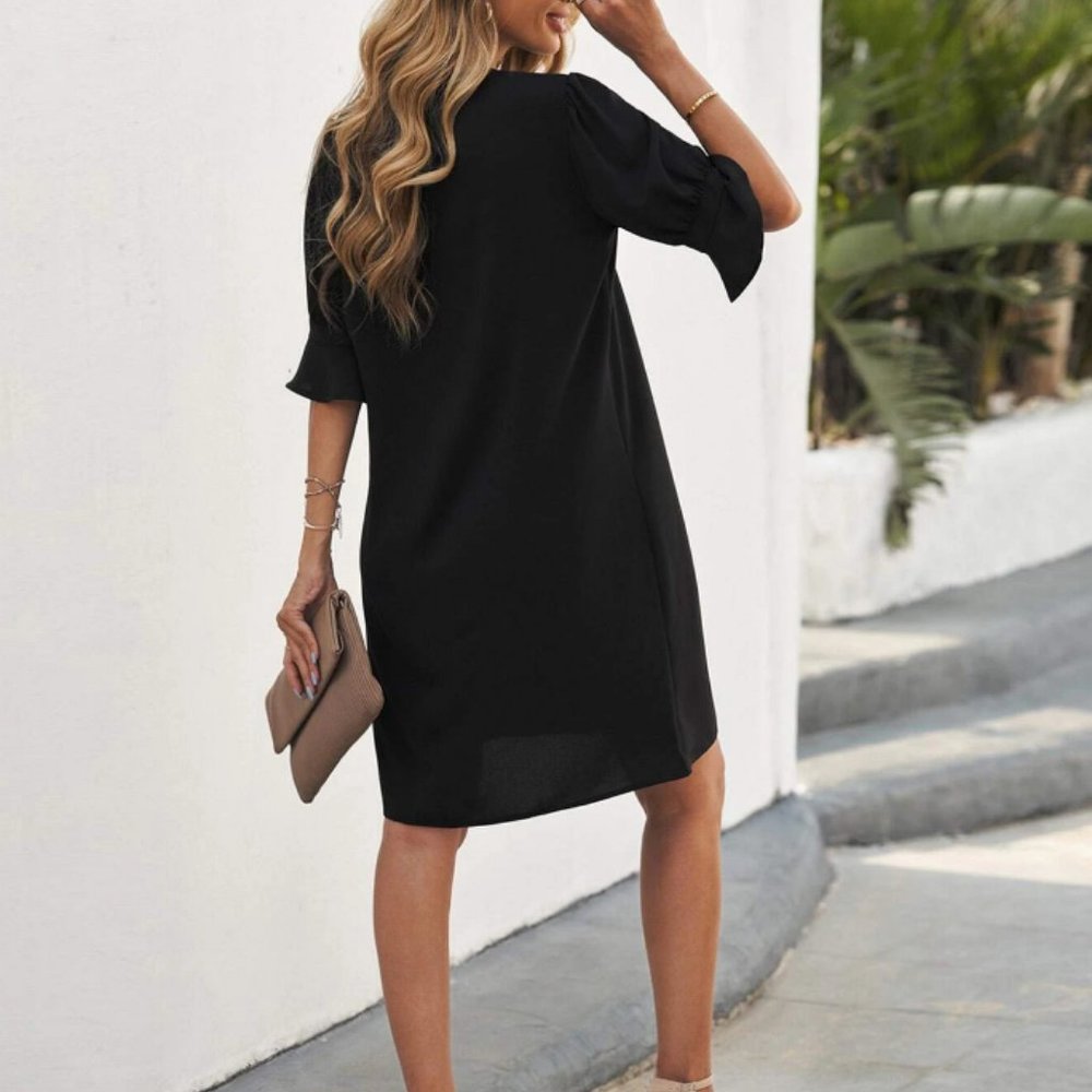 LUNE Notched Neck Flounce Sleeve Tunic Dress - Picture 2 of 5